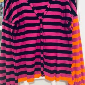 Rykiel karma body& soul black, fuchia orange stripes. France Large Cardigan.